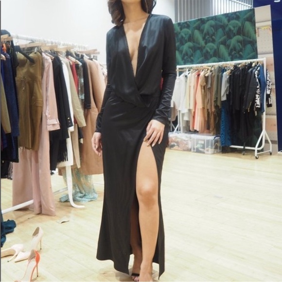 House of CB Serafina Black Satin Gown Deep-V Plunge Long Sleeve Slit Maxi XS - Picture 3 of 15